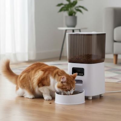 distributeur de croquettes pour chat un bol avec chat orange mangeant