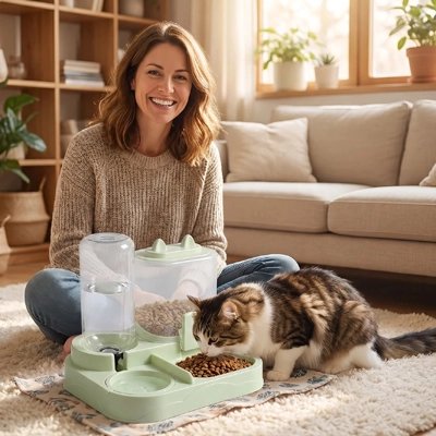 distributeur de croquettes pour chat vert maitresse souriante salon