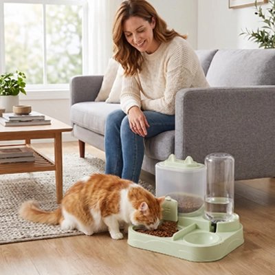distributeur de croquettes pour chat vert salon maitresse souriante