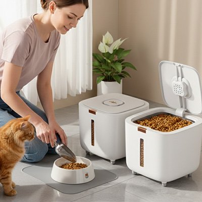 double boite à croquettes pour chat blanche cubique avec chat et maitresse