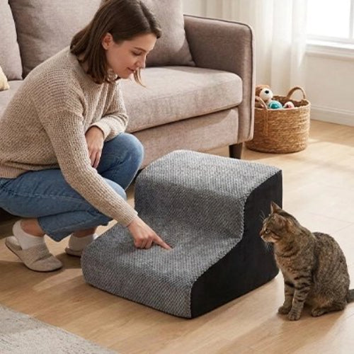 escalier pour chat bicolore deux marches maitresse chat salon