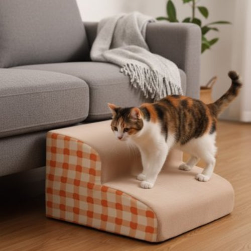 escalier pour chat carreaux vichy orange deux marches salon