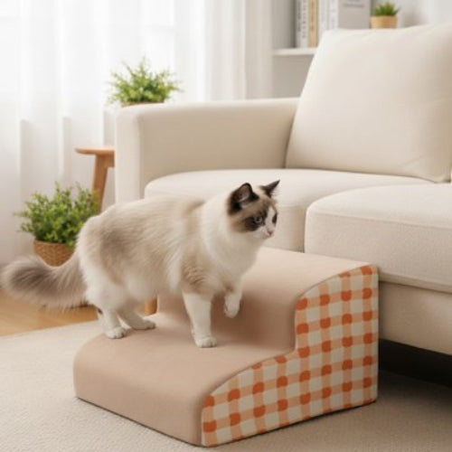 escalier pour chat carreaux vichy orange deux marches chat