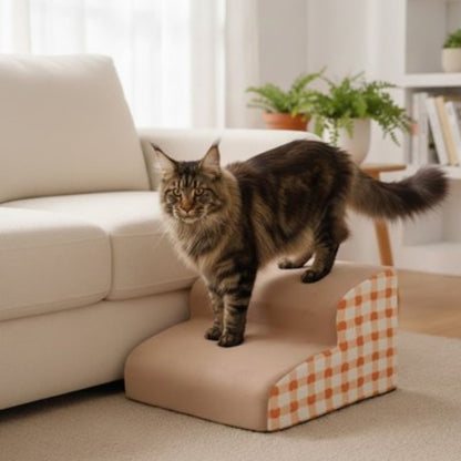 escalier pour chat carreaux vichy orange deux marches canape