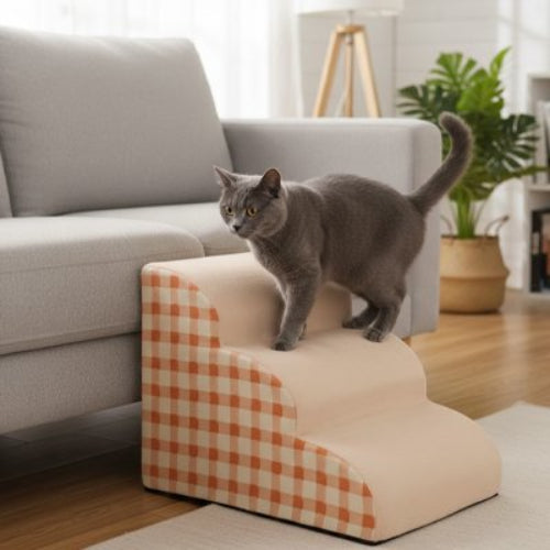 escalier pour chat carreaux vichy orange trois marches canape
