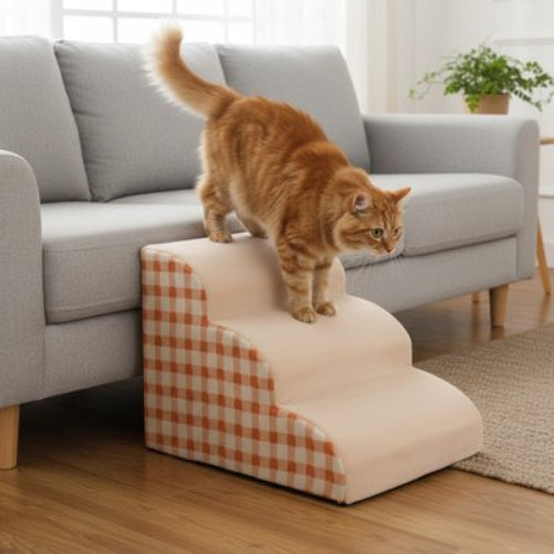 escalier pour chat carreaux vichy orange trois marches salon