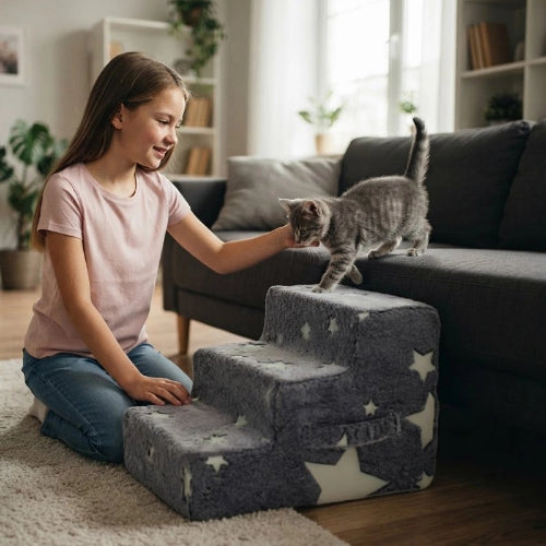 escalier pour chat fluorescent motif etoiles chaton descendant