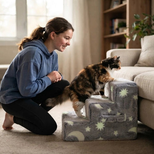 escalier pour chat fluorescent motif lunes maitresse chat montant