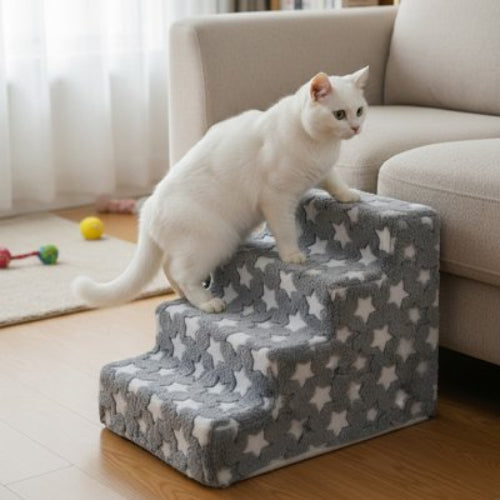 escalier pour chat motifs etoiles bleu quatre marches canape