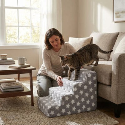 escalier pour chat motifs etoiles bleu quatre marches maitresse