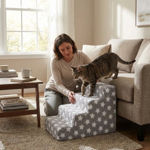 escalier pour chat motifs etoiles bleu quatre marches maitresse