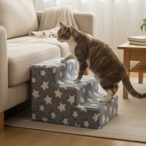 escalier pour chat motifs etoiles bleu trois marches canape