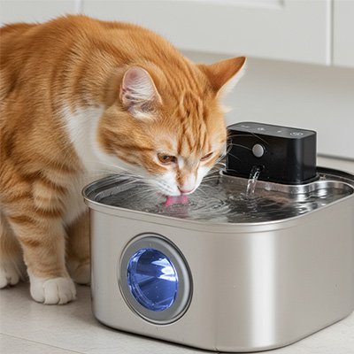 felin boit dans fontaine a eau chat sans fil
