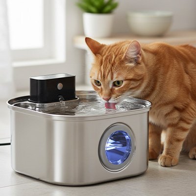 felin boit fontaine a eau chat