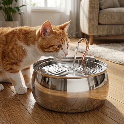 fontaine a eau chat acier inoxydable avec chat