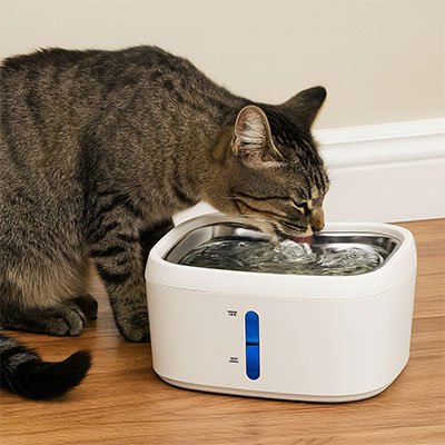 fontaine a eau chat avec chat qui boit dans salon