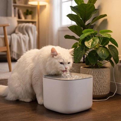 fontaine a eau chat blanc design moderne minimaliste salon
