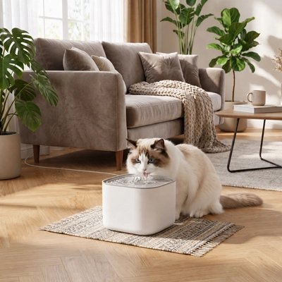 fontaine a eau chat blanc moderne minimaliste salon canape