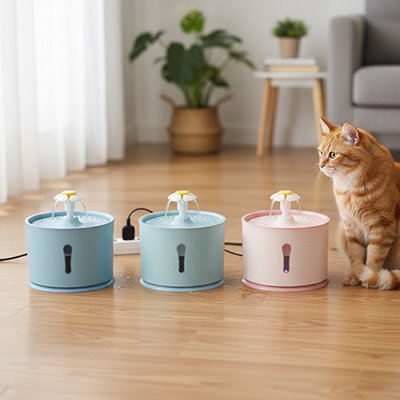 fontaine a eau chat coloris bleu vert et rose