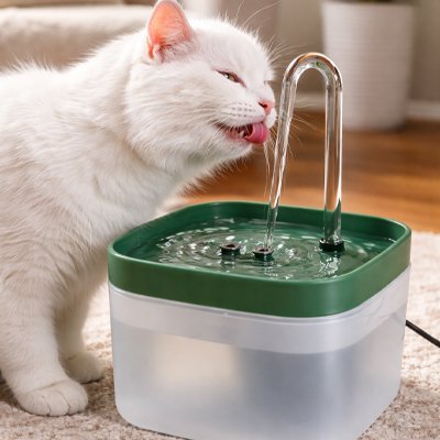 fontaine a eau chat couleur vert avec chat blanc