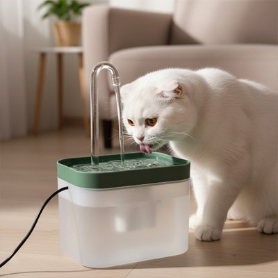 fontaine a eau chat couleur vert avec chat dans salon