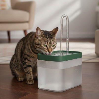 fontaine a eau chat couleur vert avec chat qui boit