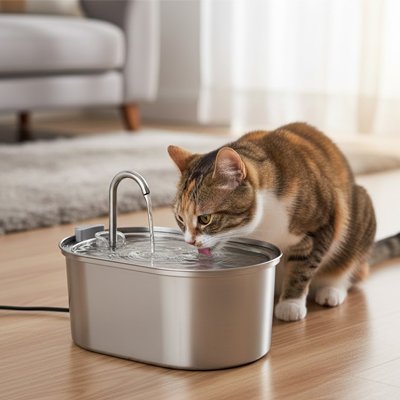 fontaine a eau chat en acier inoxydable avec chat