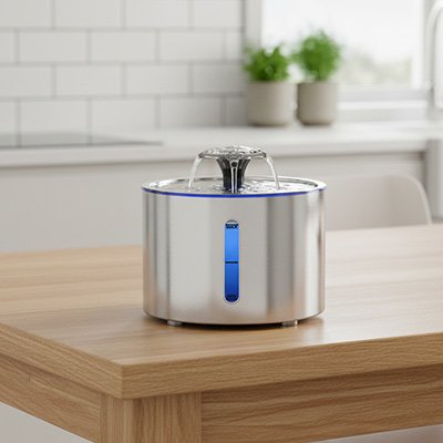 fontaine a eau chat en acier inoxydable sur table cuisine