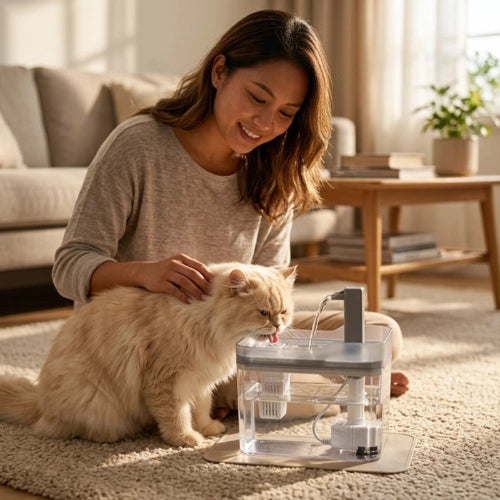 fontaine a eau chat gris reservoir transparent maitresse chat
