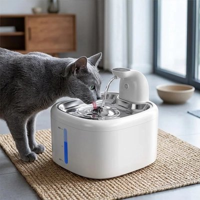 fontaine a eau chat moderne chat gris buvant salon