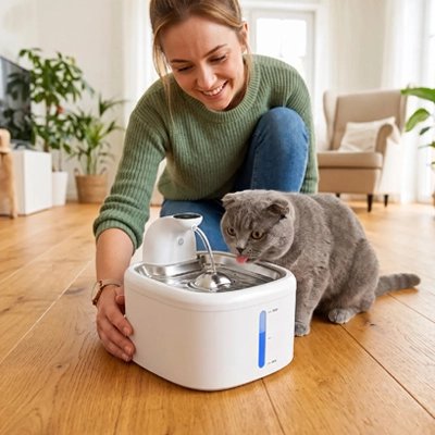 fontaine a eau chat moderne maitresse souriante chat salon