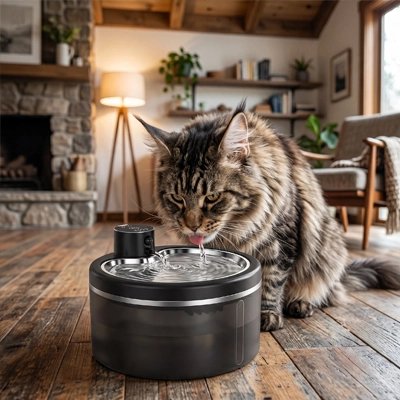 fontaine à eau chat sans fil​ chat buvant salon
