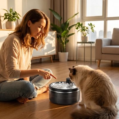 fontaine à eau chat sans fil​ maitresse salon chat