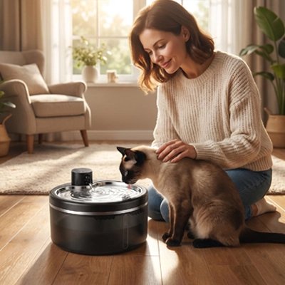 fontaine à eau chat sans fil​ maitresse souriante salon