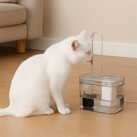fontaine a eau chat​ transparente avec chat blanc qui boit