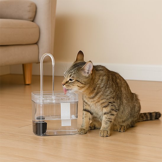 fontaine a eau chat​ transparente avec chat qui boit