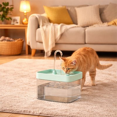 fontaine a eau chat vert clair avec chat dans salon