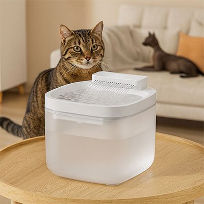 fontaine eau chat blanc translucide sur table avec chat