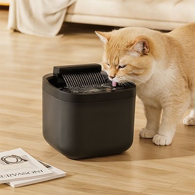 fontaine eau chat noir avec chat qui boit dans salon