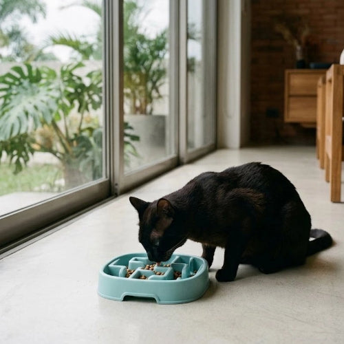 gamelle anti glouton chat compartimentee bleu chat mangeant