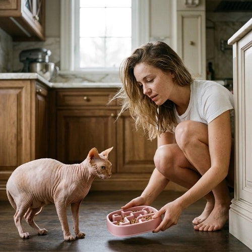 gamelle anti glouton chat compartimentee rose maitresse chat debout