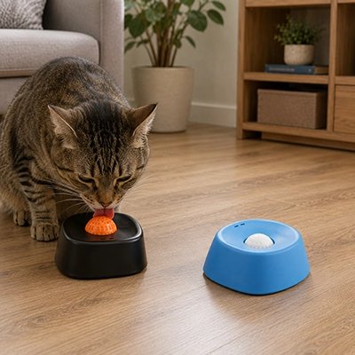 gamelle anti glouton chat noir bleu chat salon