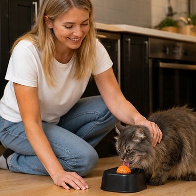gamelle anti glouton chat noir maitresse souriante cuisine