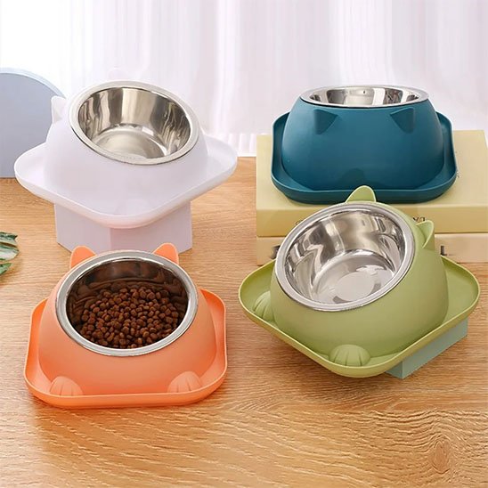 gamelle chat anti basculement couleur blanc bleu fonce orange et vert