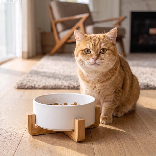 gamelle chat blanc support en bois chat asssis