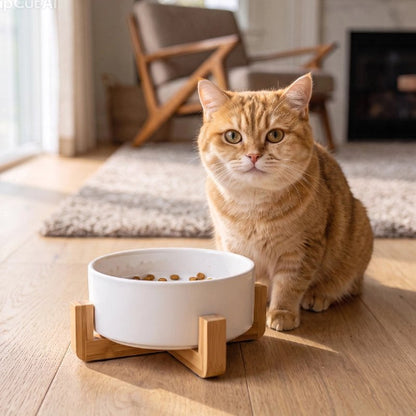 gamelle chat blanc support en bois chat asssis