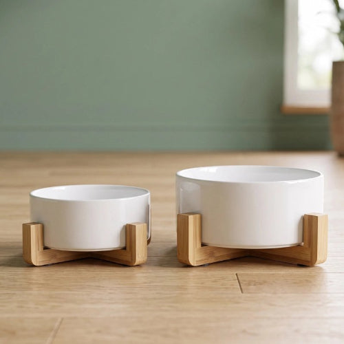 gamelle chat blanc support en bois multi taille