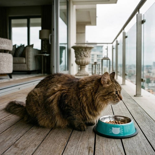 gamelle chat bleu motif silhouette feline chat allonge balcon