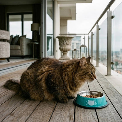 gamelle chat bleu motif silhouette feline chat allonge balcon