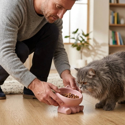 gamelle chat ceramique rose maitre chat debout salon